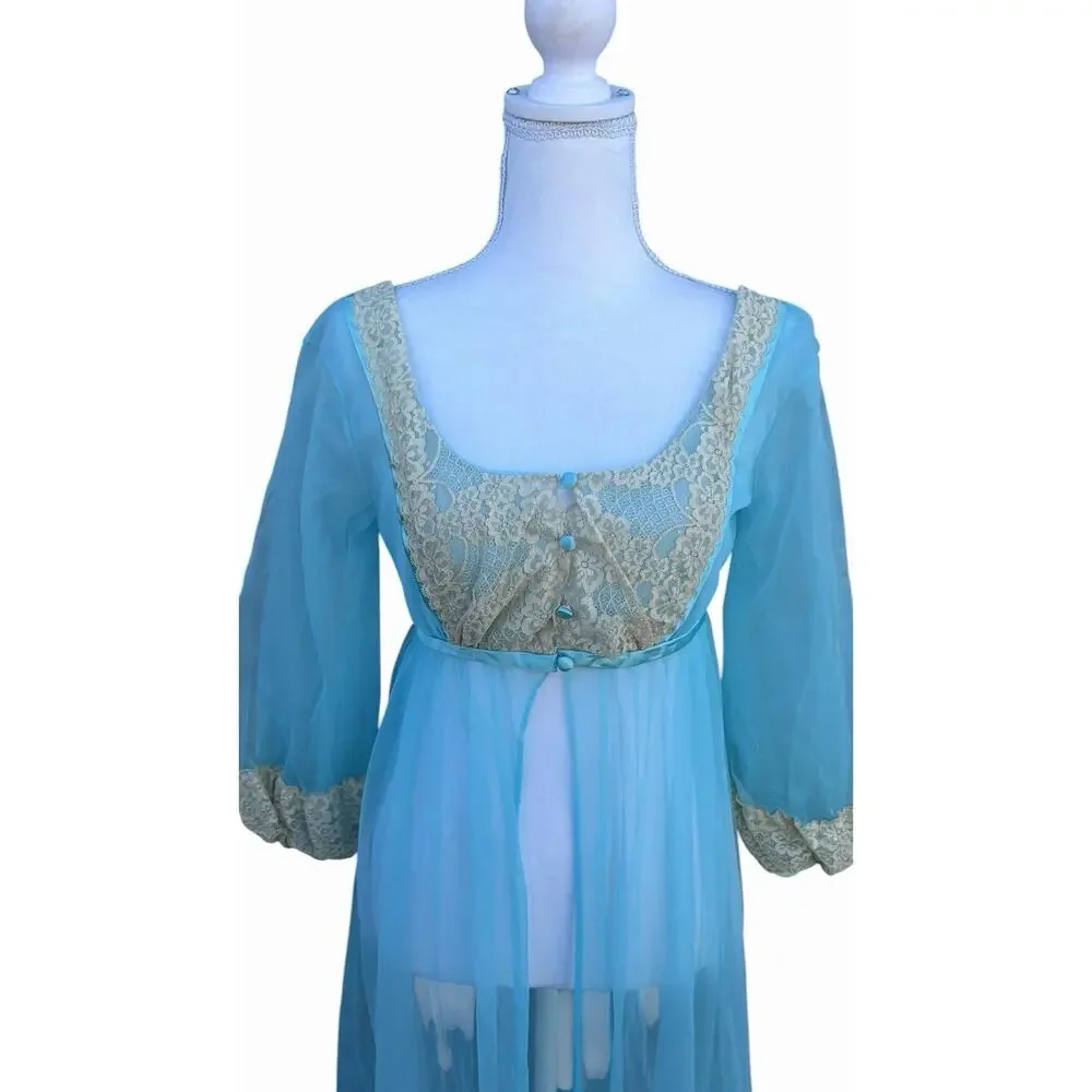 Vintage 1960s Blue Nylon Peignoir Robe With Chantilly Lace Juliette Style